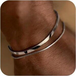 925 Sterling Silver Cuff Snake Box Cuban Link Chain Bangle Bracelet